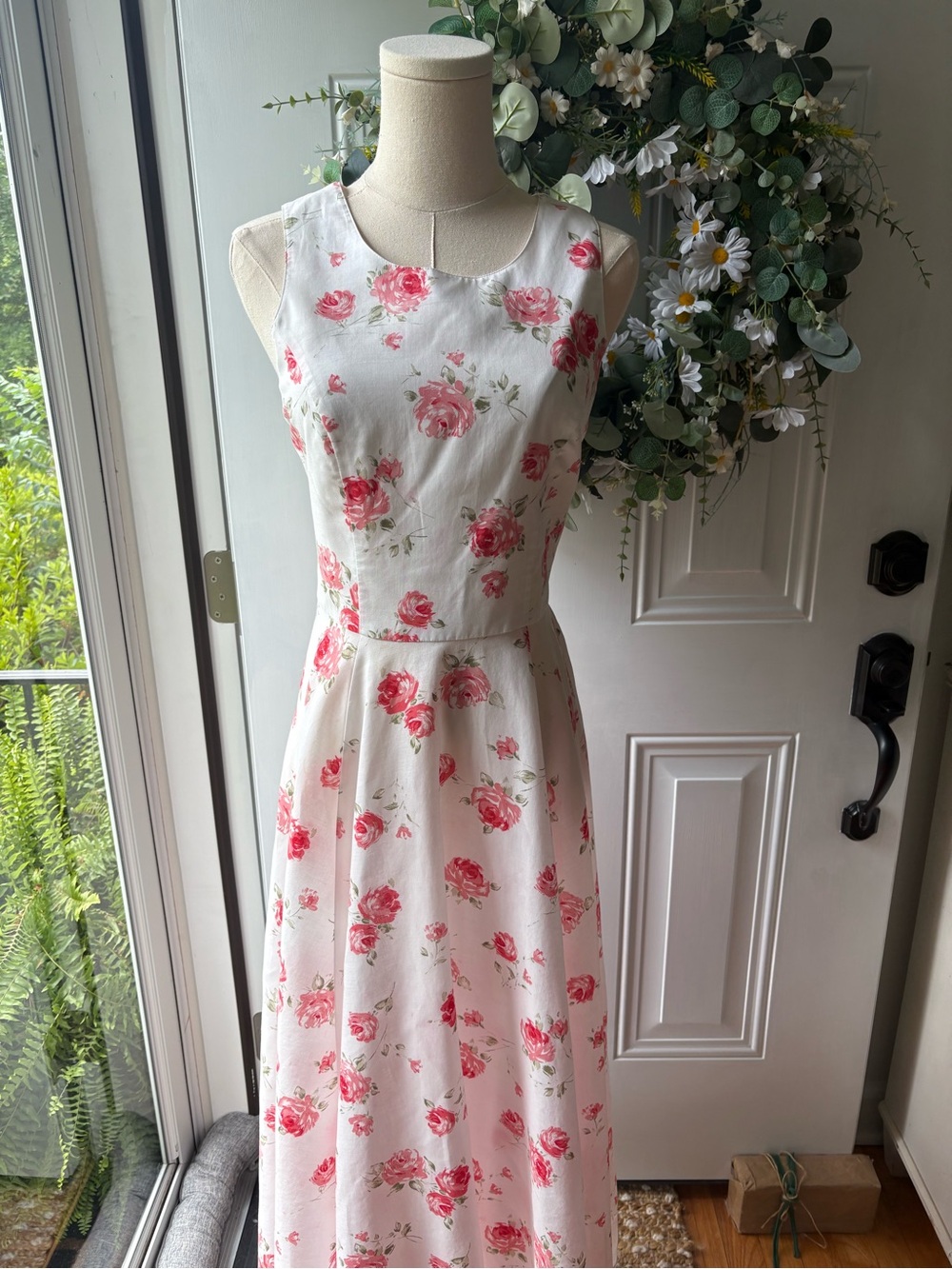 Vintage 90’s 100% Cotton Laura Ashley White Maxi Dress with Pink Rose Print